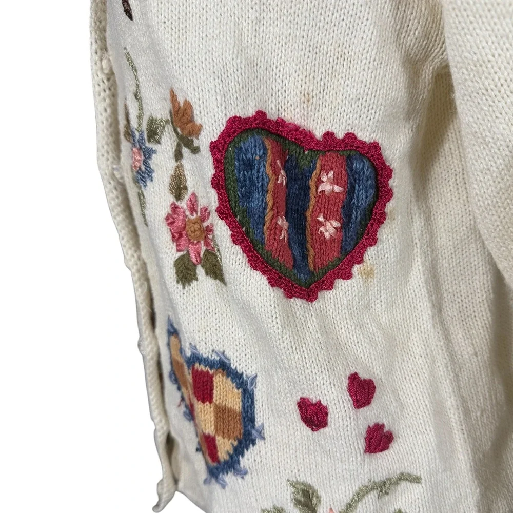 Tiara International Cardigan Womens‎ S Cream Embroidered Hearts Floral Vintage